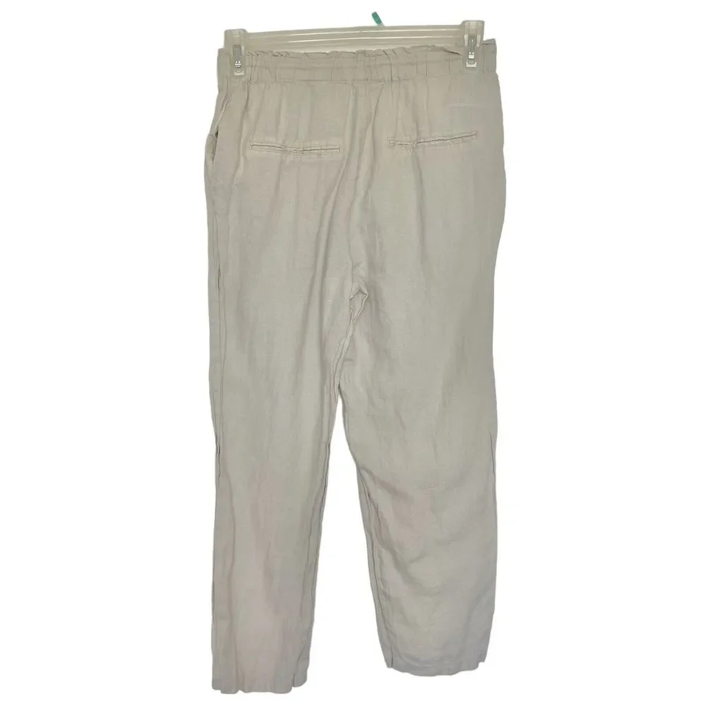 MNG Mango Womens Sz Small Pants High Rise Minimalist Beige Drawstring 100% Linen